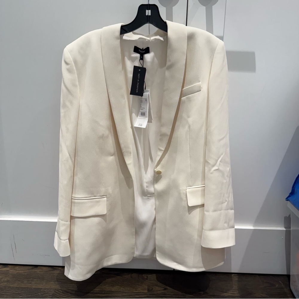 NWT Theory Plissé-Crepe Cream Blazer, Sz 8, orig $495